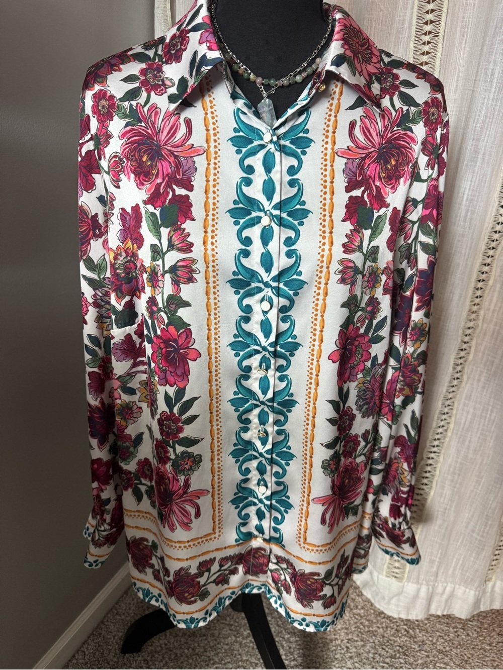 Talbots Silky White Floral Button-Down Shirt with Pink & Teal Accents